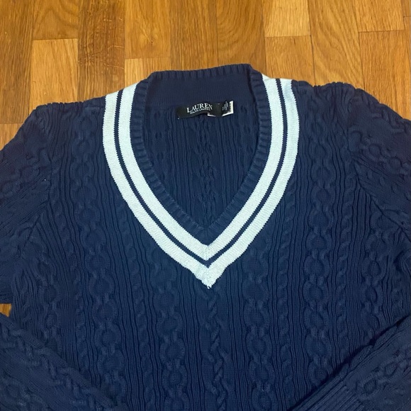Lauren Ralph Lauren Navy V-Neck Sweater with White Trim - Picture 2 of 6